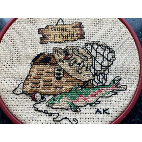 Vtg Cross Stitch "Gone Fish'n Handmade & "The Perfect Catch" Ornament - Picture 3 of 9